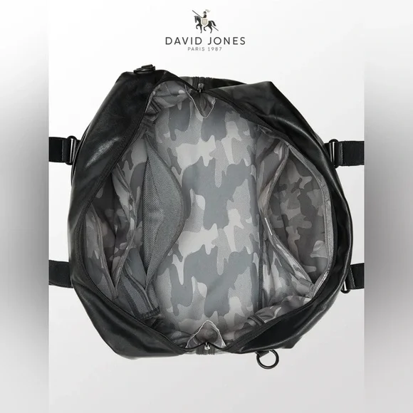 NWT David Jones Black Leather Travel Duffle Bag Gym Weekender 20x11x9 in - Picture 8 of 11